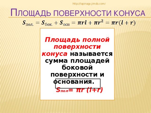 http://lapinagv.jimdo.com/ П лощадь поверхности конуса  Площадь полной поверхности конуса называется сумма площадей боковой поверхности и основания.  S пол = πr ( l+ r)  