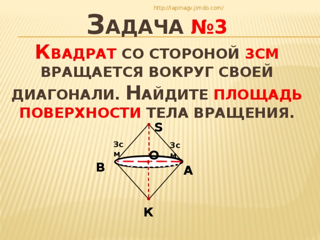 З адача №3  К вадрат со стороной 3см вращается вокруг своей диагонали. Н айдите площадь поверхности тела вращения. О http://lapinagv.jimdo.com/ S 3см 3см В А К 