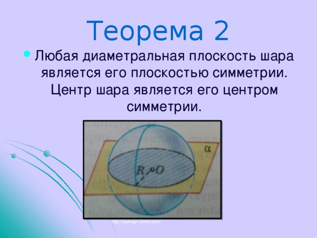 Теорема 2 Любая диаметральная плоскость шара является его плоскостью симметрии. Центр шара является его центром симметрии. http://lapinagv.jimdo.com/ 