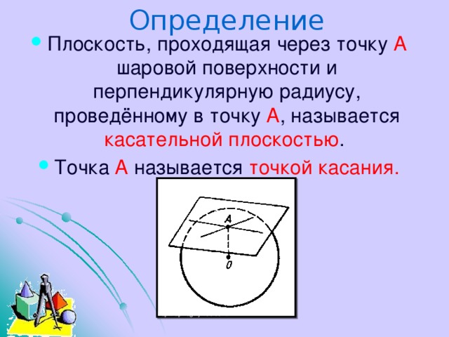 Определение Плоскость, проходящая через точку А шаровой поверхности и перпендикулярную радиусу, проведённому в точку А , называется касательной плоскостью . Точка А называется точкой касания. http://lapinagv.jimdo.com/ 