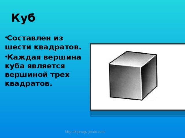 Куб Составлен из шести квадратов. Каждая вершина куба является вершиной трех квадратов. http://lapinagv.jimdo.com/ 