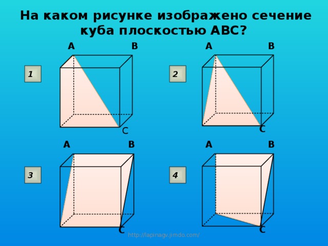 На каком рисунке изображено сечение куба плоскостью ABC? B A B A 2 1 C C A B B A 3 4 C C http://lapinagv.jimdo.com/ 