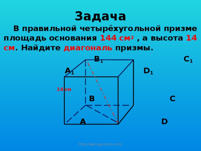 Задача  В правильной четырёхугольной призме площадь основания 144 см 2  , а высота 14 см . Найдите диагональ призмы.  В 1 С 1  А 1 D 1   14 см  B C   А D http://lapinagv.jimdo.com/ 