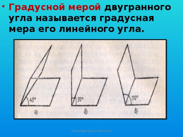 Градусной мерой двугранного угла называется градусная мера его линейного угла. http://lapinagv.jimdo.com/ 