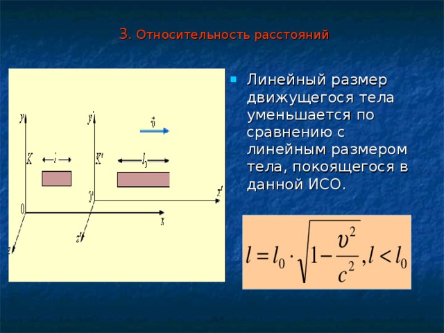  3. Относительность расстояний Линейный размер движущегося тела уменьшается по сравнению с линейным размером тела, покоящегося в данной ИСО. 