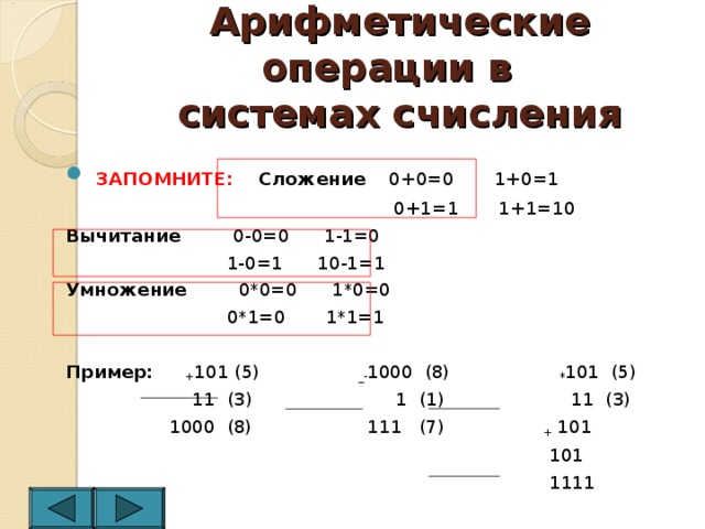 Арифметические операции в системах счисления