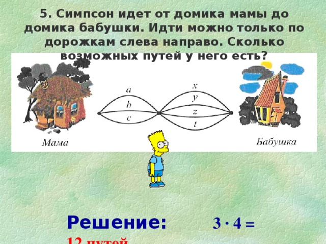 5. Симпсон идет от домика мамы до домика бабушки. Идти можно только по дорожкам слева направо. Сколько возможных путей у него есть? Решение:    3 · 4 =  12 путей  