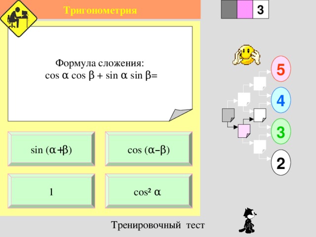 Тригонометрия 1 3 2 Формула сложения:  cos α cos β + sin α sin β = 5 4 3 cos ( α – β ) sin ( α + β ) 2 cos ² α  1 