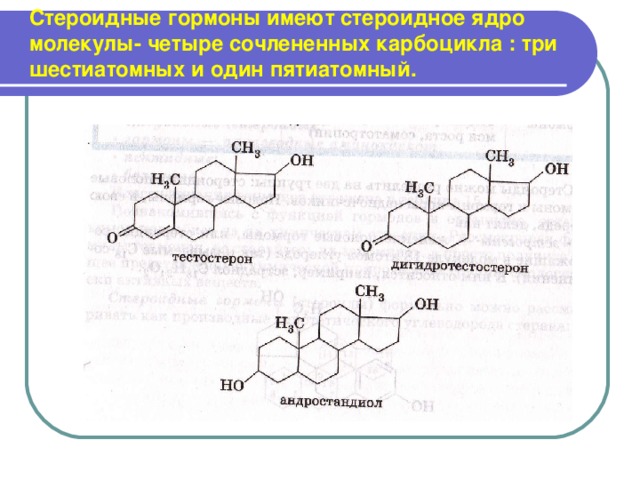 Стероидные гормоны имеют стероидное ядро молекулы- четыре сочлененных карбоцикла : три шестиатомных и один пятиатомный.  