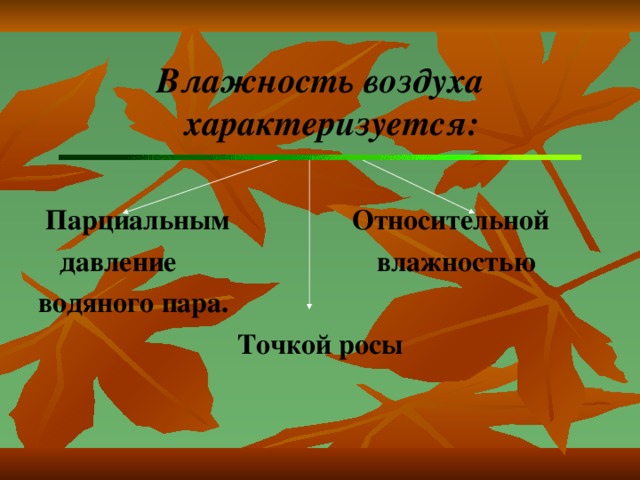 Влажность воздуха характеризуется:   Парциальным Относительной  давление влажностью водяного пара. Точкой росы 