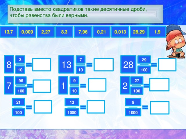 Подставь вместо квадратиков такие десятичные дроби, чтобы равенства были верными. 1,9 2,27 13,7 0,009 8,3 28,29 0,013 0,21 7,96 8 28 13 3 29 7 10 10 100 2 1 7 27 96 9 100 100 10 13 21 9 1000 100 1000 7 