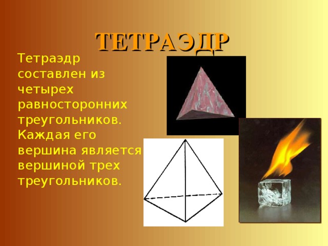 ТЕТРАЭДР Тетраэдр составлен из четырех равносторонних треугольников. Каждая его вершина является вершиной трех треугольников. 