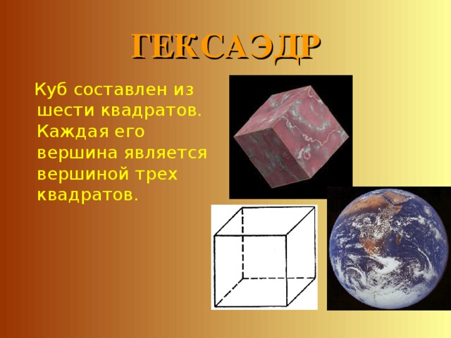 ГЕКСАЭДР  Куб составлен из шести квадратов. Каждая его вершина является вершиной трех квадратов. 