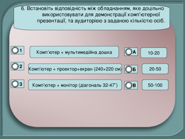 6. Встановіть відповідність між обладнанням, яке доцільно використовувати для демонстрації комп ’ ютерної презентації, та аудиторією з заданою кількістю осіб.   1 Комп ’ ютер + мультимедійна дошка 0 А 0 2 0 Комп ’ ютер + проектор+екран (240 × 220 см) Б 0 3 Комп ’ ютер + монітор (діагональ 32-47˝) 0 В 0 