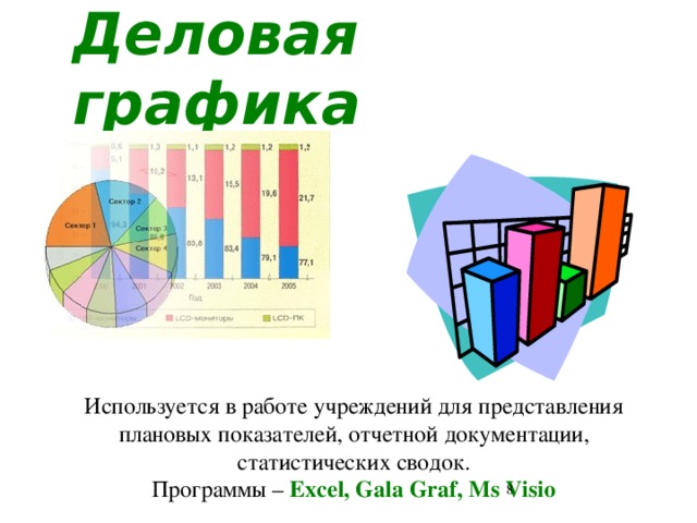 Деловая графика Используется в работе учреждений для представления плановых показателей, отчетной документации, статистических сводок. Программы – Exсel, Gala Graf, Ms Visio  