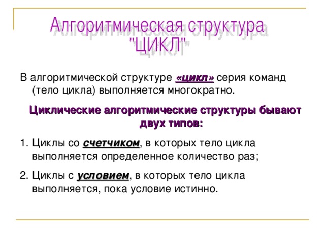 В алгоритмической структуре «цикл» серия команд (тело цикла) выполняется многократно. Циклические алгоритмические структуры бывают двух типов: Циклы со счетчиком , в которых тело цикла выполняется определенное количество раз; Циклы с условием , в которых тело цикла выполняется, пока условие истинно. 