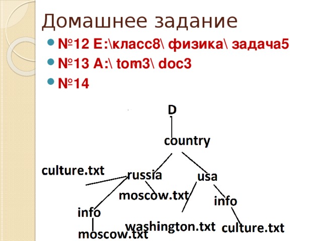 Домашнее задание № 12 Е:\класс8\ физика\ задача5 № 13 А:\ tom3\ doc3 № 14  \ 