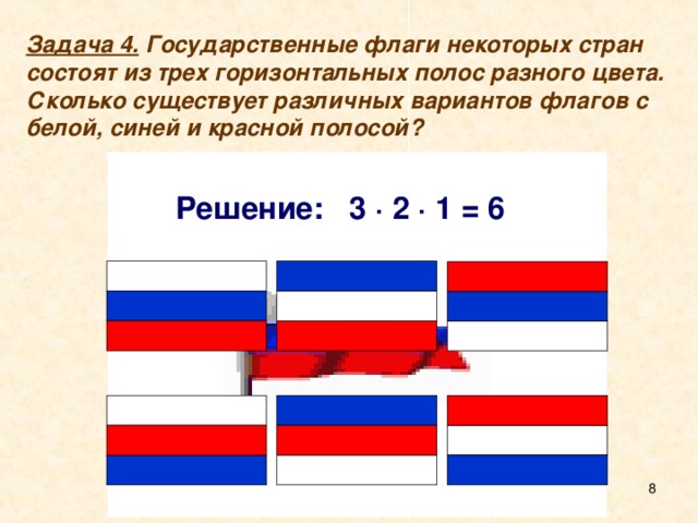 Задача 4. Государственные флаги некоторых стран состоят из трех горизонтальных полос разного цвета. Сколько существует различных вариантов флагов с белой, синей и красной полосой? Решение: 3 ∙ 2 ∙ 1 = 6 7 