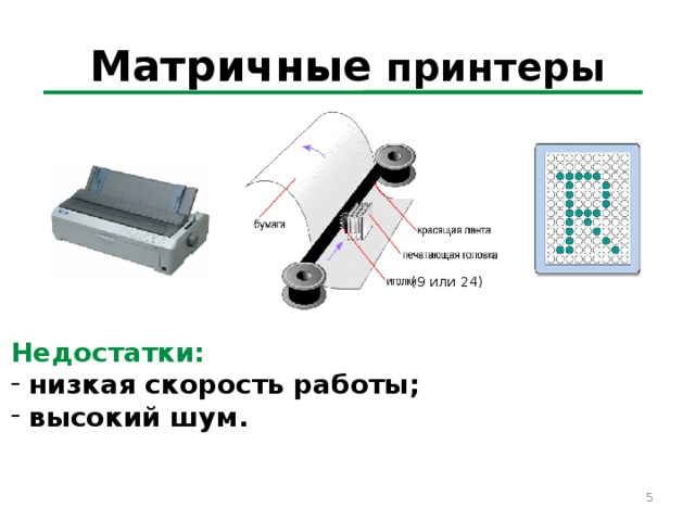 Матричные принтеры (9 или 24) Недостатки:  низкая скорость работы;  высокий шум. 5 