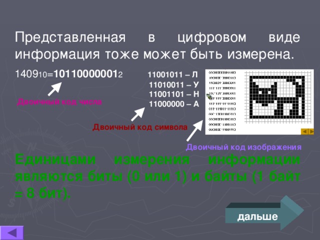 Представленная в цифровом виде информация тоже может быть измерена. 1409 10 = 10110000001 2 11001011 – Л  11010011 – У  11001101 – Н  11000000 – А  Единицами измерения информации являются биты (0 или 1) и байты (1 байт = 8 бит). Двоичный код числа Двоичный код символа Двоичный код изображения дальше 