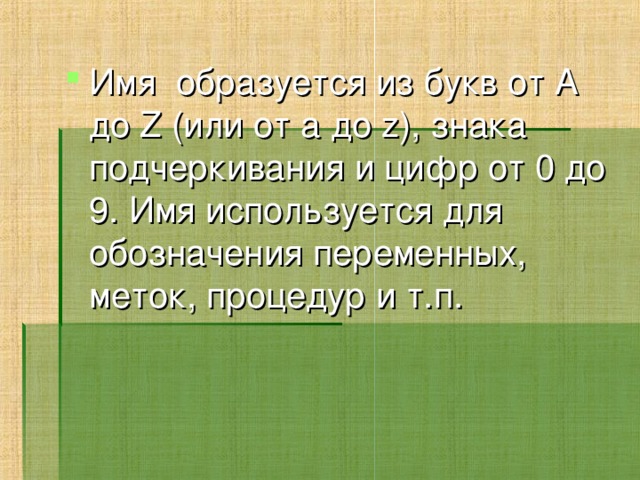 Имя  образуется из букв от A до Z (или от a до z), знака подчеркивания и цифр от 0 до 9. Имя используется для обозначения переменных, меток, процедур и т.п. 