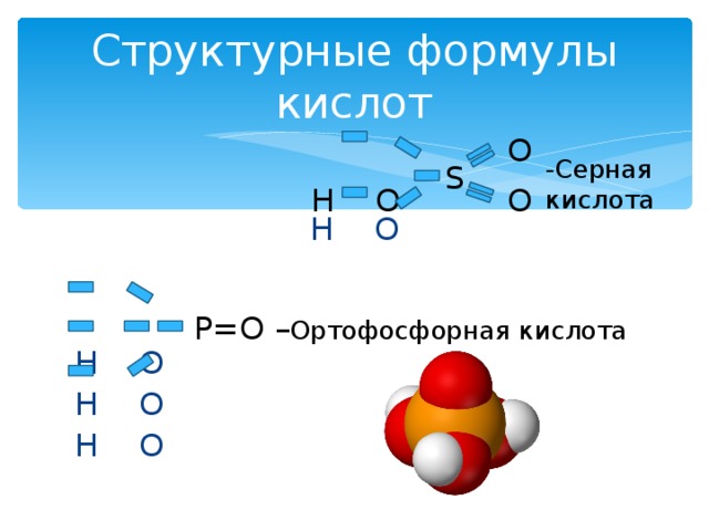 Структурные формулы кислот O - Серная кислота S H O O H O H O H O H O P=O – Ортофосфорная кислота 