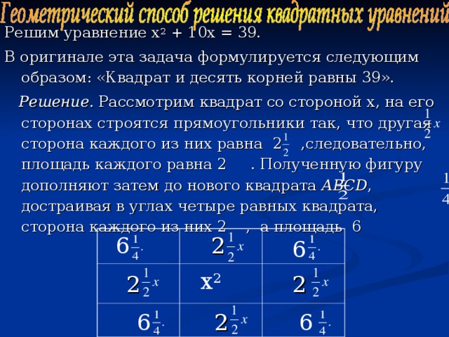 Решим уравнение х 2 + 10х = 39. В оригинале эта задача формулируется следующим образом: «Квадрат и десять корней равны 39».  Решение. Рассмотрим квадрат со стороной х, на его сторонах строятся прямоугольники так, что другая сторона каждого из них равна 2 ,следовательно, площадь каждого равна 2 . Полученную фигуру дополняют затем до нового квадрата АВС D , достраивая в углах четыре равных квадрата, сторона каждого из них 2 , а площадь 6 6 2 6 x 2  2 2 6 6 2 