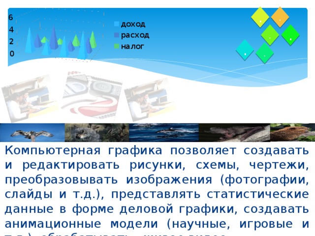 . . . . . . Компьютерная графика позволяет создавать и редактировать рисунки, схемы, чертежи, преобразовывать изображения (фотографии, слайды и т.д.), представлять статистические данные в форме деловой графики, создавать анимационные модели (научные, игровые и т.д.), обрабатывать «живое видео». 