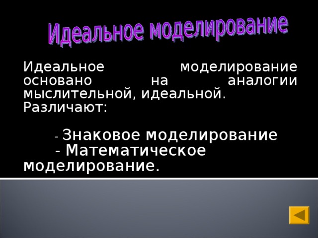 Идеальное моделирование основано на аналогии мыслительной, идеальной. Различают:  - Знаковое моделирование  - Математическое моделирование. 