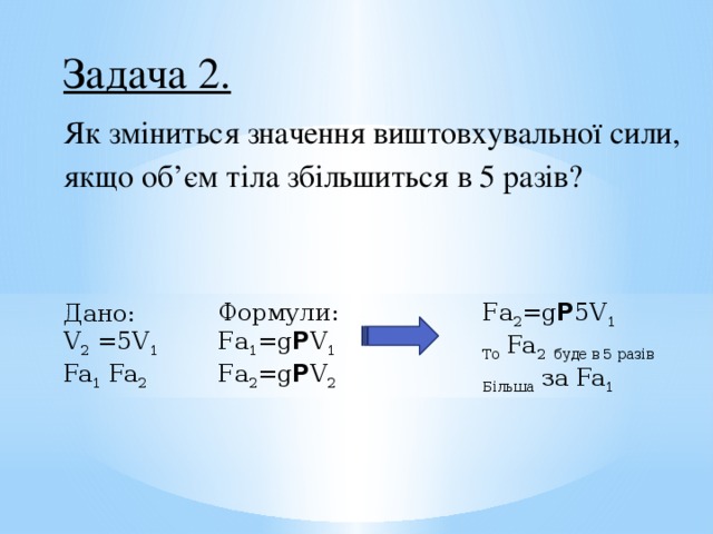 Задача 2. Як зміниться значення виштовхувальної сили, якщо об’єм тіла збільшиться в 5 разів? Формули: Fа 2 =g P 5V 1 Fа 1 =g P V 1 То Fa 2 буде в 5 разів Fа 2 =g P V 2 Більша за Fa 1 Дано: V 2 =5V 1 Fa 1 Fa 2 