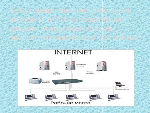 Сеть с выделенными файловым, интернет и SQL серверами для средних и крупных офисов с числом компьютеров от 20 и выше 
