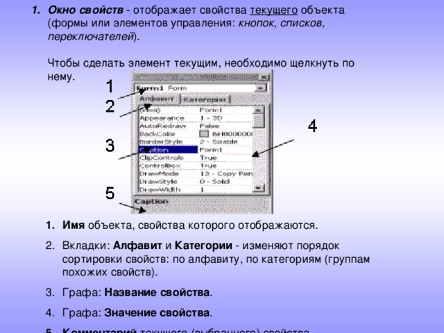 Окно свойств - отображает свойства текущего объекта (формы или элементов управления: кнопок, списков, переключателей ).   Чтобы сделать элемент текущим, необходимо щелкнуть по нему. Имя объекта, свойства которого отображаются. Вкладки: Алфавит и Категории - изменяют порядок сортировки свойств: по алфавиту, по категориям (группам похожих свойств). Графа: Название свойства . Графа: Значение свойства . Комментарий текущего (выбранного) свойства. Имя объекта, свойства которого отображаются. Вкладки: Алфавит и Категории - изменяют порядок сортировки свойств: по алфавиту, по категориям (группам похожих свойств). Графа: Название свойства . Графа: Значение свойства . Комментарий текущего (выбранного) свойства. 