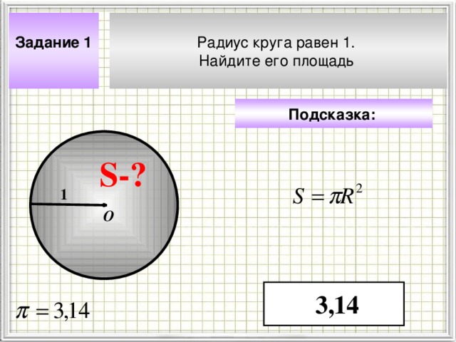 Задание 1  Радиус круга равен 1. Найдите его площадь  Подсказка:  S- ? 1 О Чтобы визуализировать вопрос и ответ на задачу, необходимо щёлкнуть мышкой по пустому месту слайда; для визуализации подсказки нажмите на кнопку столько раз, сколько указано в скобках. 3,14 4 