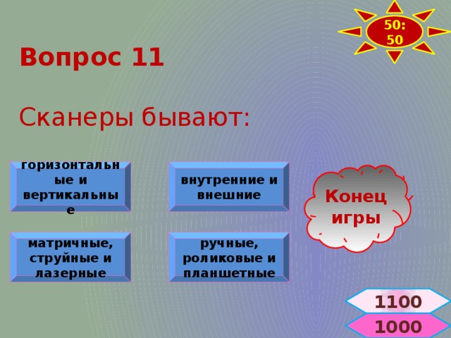 50:50 Вопрос 11   Сканеры бывают: горизонтальные и вертикальные внутренние и внешние Конец игры матричные, струйные и лазерные ручные, роликовые и планшетные 1100  1000 