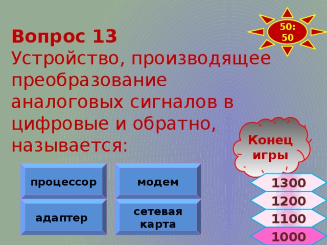 50:50 Вопрос 13 Устройство, производящее преобразование аналоговых сигналов в цифровые и обратно, называется: Конец игры процессор модем 1300 1200 адаптер сетевая карта 1100  1000 