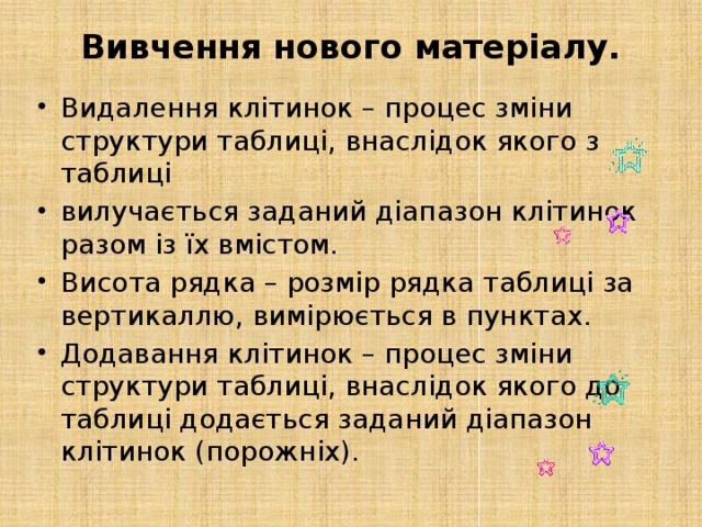 Вивчення нового матеріалу.   Видалення клітинок – процес зміни структури таблиці, внаслідок якого з таблиці вилучається заданий діапазон клітинок разом із їх вмістом. Висота рядка – розмір рядка таблиці за вертикаллю, вимірюється в пунктах. Додавання клітинок – процес зміни структури таблиці, внаслідок якого до таблиці додається заданий діапазон клітинок (порожніх). 