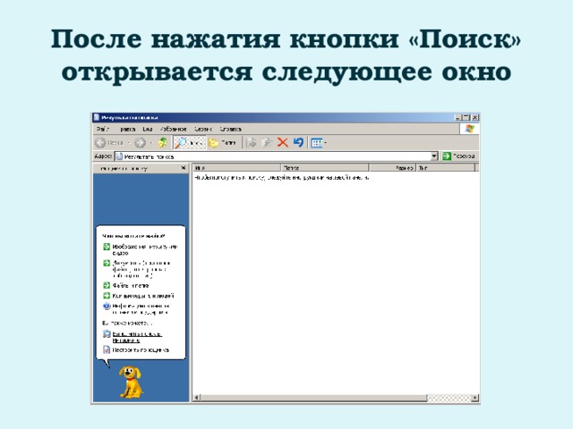 После нажатия кнопки «Поиск» открывается следующее окно 