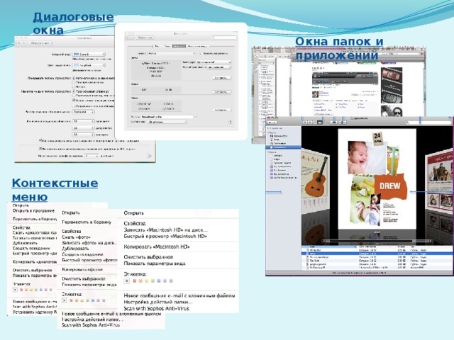 Диалоговые окна Окна папок и приложений Контекстные меню 