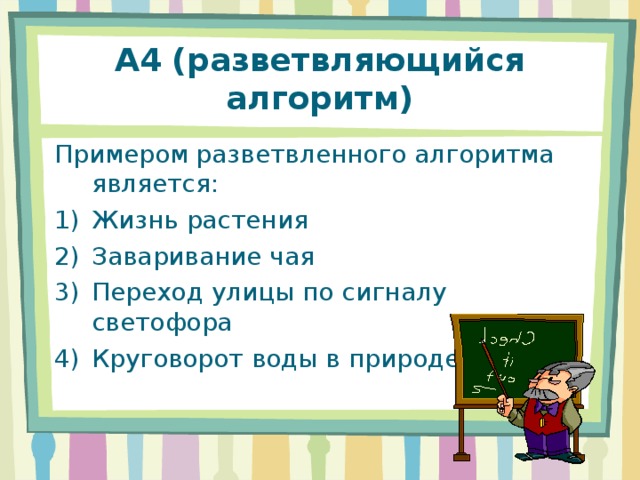 А4 (разветвляющийся алгоритм) Примером разветвленного алгоритма является: Жизнь растения Заваривание чая Переход улицы по сигналу светофора Круговорот воды в природе 