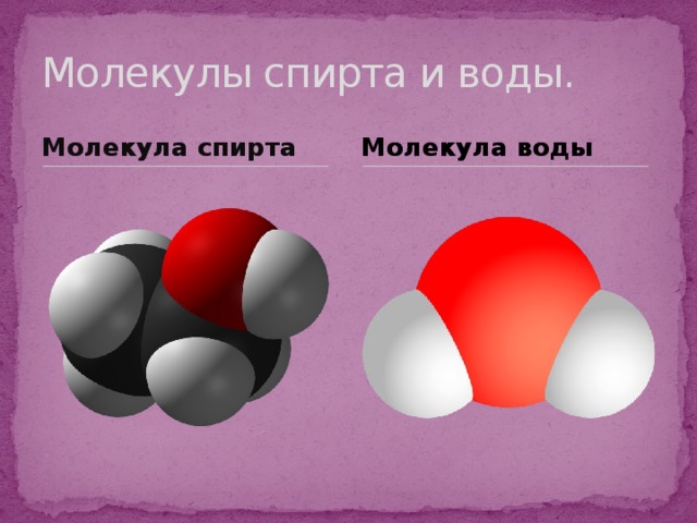 Вид молекулы спирта. Молекула спирта и воды. Размер молекулы воды и спирта. Молекула спирта и молекула воды. Размер молекулы воды.