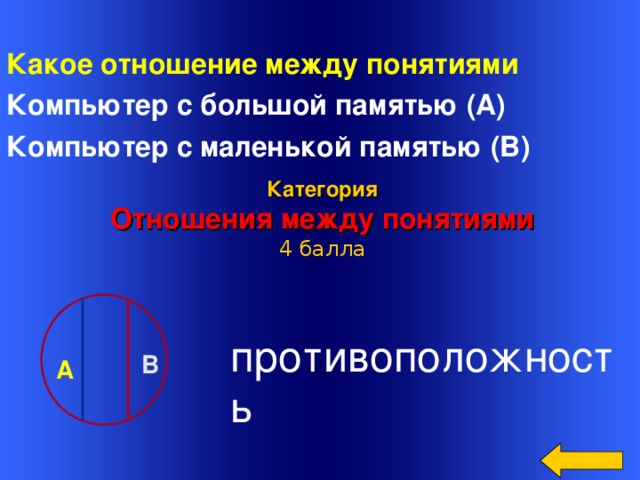  Какое отношение между понятиями Компьютер с большой памятью (А) Компьютер с маленькой памятью (В)  Категория Отношения между понятиями 4 балла Welcome to Power Jeopardy   © Don Link, Indian Creek School, 2004 You can easily customize this template to create your own Jeopardy game. Simply follow the step-by-step instructions that appear on Slides 1-3. противоположность В А 16 