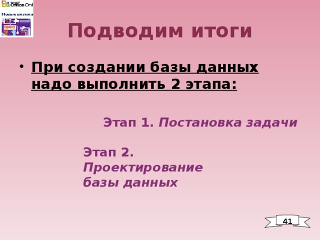 Подводим итоги При создании базы данных надо выполнить 2 этапа: Этап 1. Постановка задачи Этап 2. Проектирование базы данных 4 1 