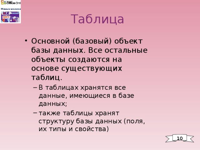 Таблица  Основной (базовый) объект базы данных. Все остальные объекты создаются на основе существующих таблиц. В таблицах хранятся все данные, имеющиеся в базе данных; также таблицы хранят структуру базы данных (поля, их типы и свойства) В таблицах хранятся все данные, имеющиеся в базе данных; также таблицы хранят структуру базы данных (поля, их типы и свойства) 1 0 