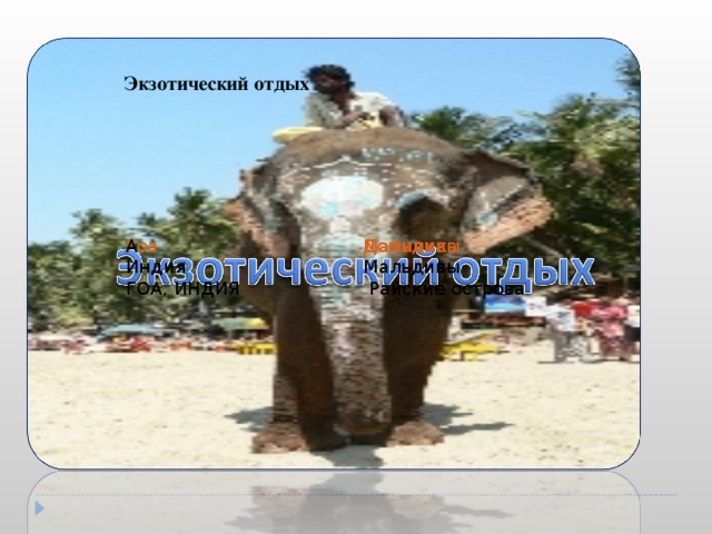 Экзотический отдых                                                  Экзотический отдых Гоа Индия ГОА, ИНДИЯ  А  Мальдивы Мальдивы   Райские острова Доминика 