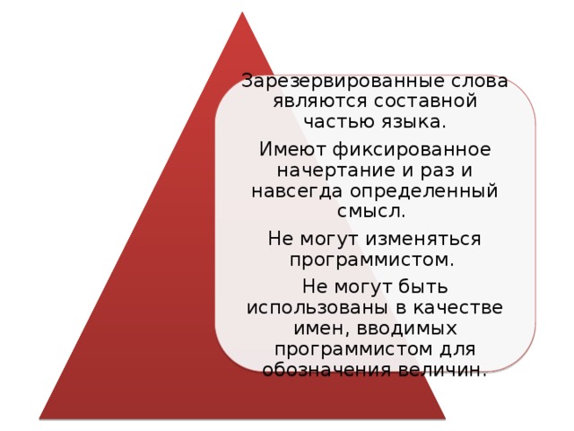 Зарезервированные слова являются составной частью языка. Имеют фиксированное начертание и раз и навсегда определенный смысл. Не могут изменяться программистом. Не могут быть использованы в качестве имен, вводимых программистом для обозначения величин. 