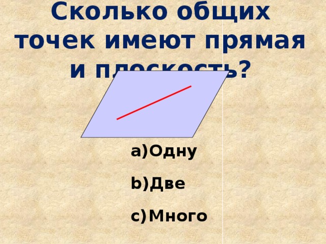 Сколько общих точек имеют прямая и плоскость? Одну Две Много 