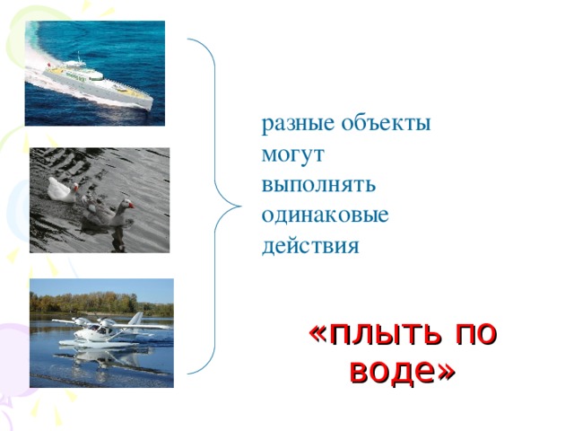 разные объекты могут выполнять одинаковые действия «плыть по воде» 