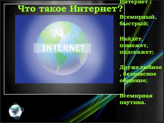 Что такое Интернет? Интернет :  Всемирный, быстрый;  Найдёт, поможет, подскажет;  Дружелюбное, безопасное общение;  Всемирная паутина. 