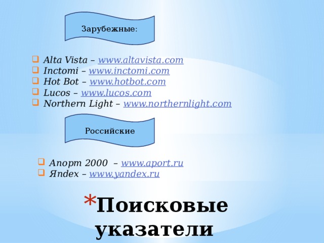 Зарубежные: Alta Vista – www.altavista.com Inctomi – www.inctomi.com Hot Bot – www.hotbot.com Lucos – www.lucos.com Northern Light – www.northernlight.com Российские Апорт 2000 – www.aport.ru Яndex – www.yandex.ru Поисковые указатели 