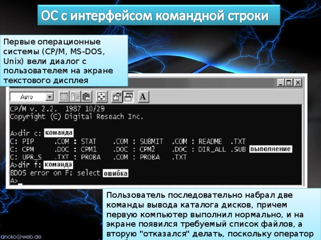 Первые операционные системы (CP/M, MS-DOS, Unix) вели диалог с пользователем на экране текстового дисплея Пользователь последовательно набрал две команды вывода каталога дисков, причем первую компьютер выполнил нормально, и на экране появился требуемый список файлов, а вторую 